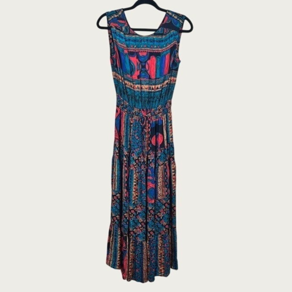 Vintage Midi Dress Multicolor Abstract Tribal Print Cutout Back Women Large